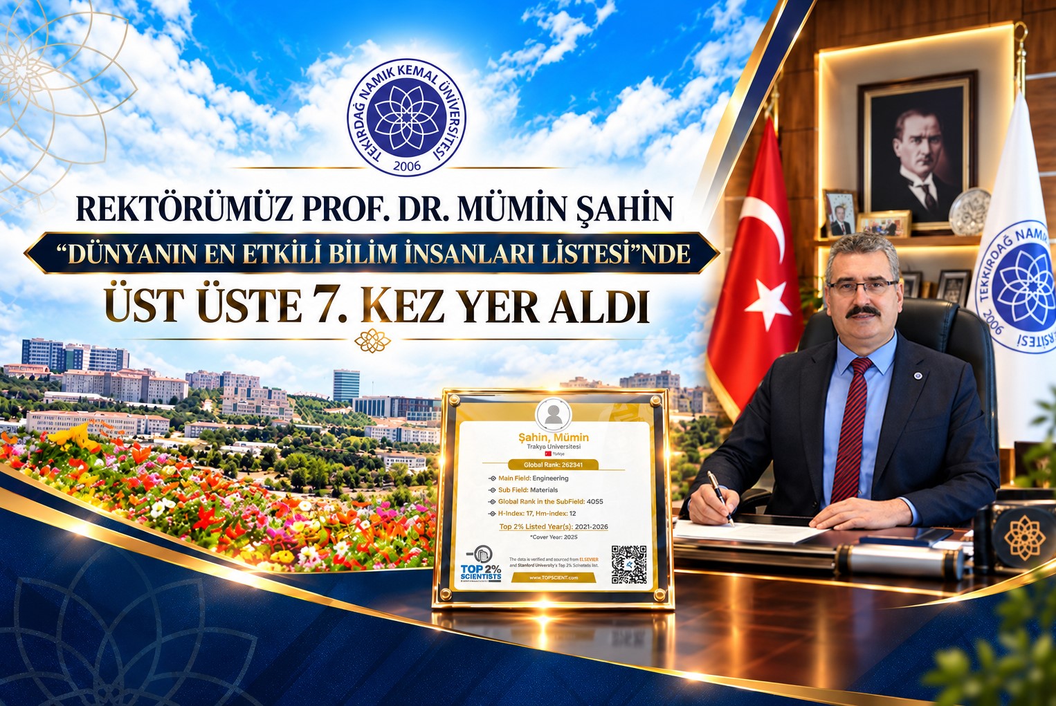 NKÜ REKTÖRÜ PROF. DR. MÜMİN ŞAHİN, STANFORD ÜNİVERSİTESİ TARAFINDAN HAZIRLANAN “DÜNYANIN EN ETKİLİ BİLİM İNSANLARI LİSTESİ”NDE ÜST ÜSTE 7. KEZ YER ALDI